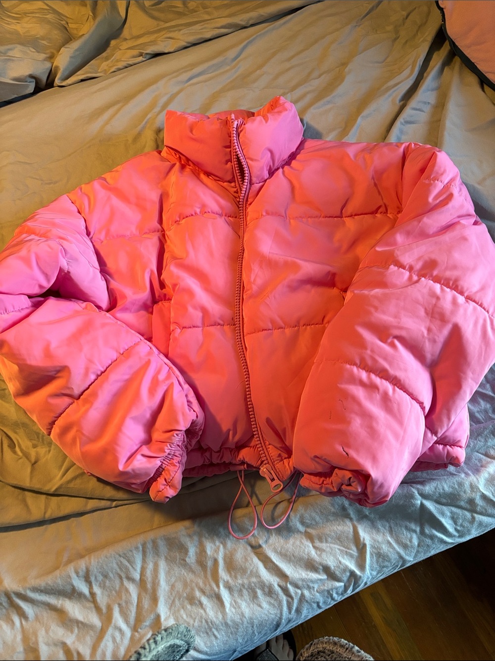 H&M Bright Pink Puffer Jacket with High Collar